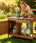 Outdoor Potting Bench Table For The Garden With Weatherproof Wooden Work Station Heavy Duty Metal Top Sliding Drawer Tool Hooks Open Shelf Large Bottom Shelf And Handy Storage For Tools And Supplies