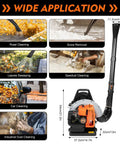 Backpack Gas Powered Leaf Blower With Harness Beast Mode Power 2.7kW 850CFM 63cc 4.3HP showing wide application use