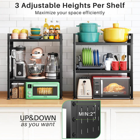 Heavy Duty Microwave Stand With Expandable 3 Tier Frame And Adjustable Height For Tight Kitchen Counters Nine Hanging Hooks And Cutting Board Rack Holds A Ton Up To 180 Pounds In Matte Black
