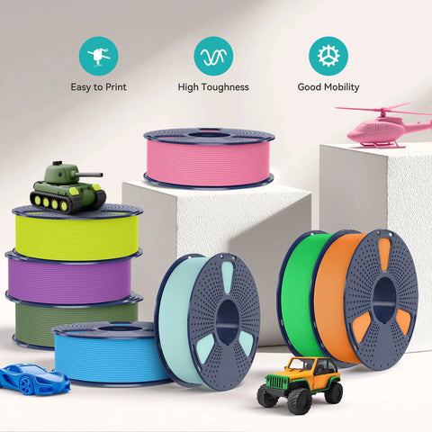 Colorful spools of PLA filament, 1.75mm size, shown with toy models for reference, highlighting ease of 3D printing and durability.