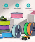 Colorful 3D printer filament spools displayed with toy models, highlighting easy to print, high toughness, and good mobility features.