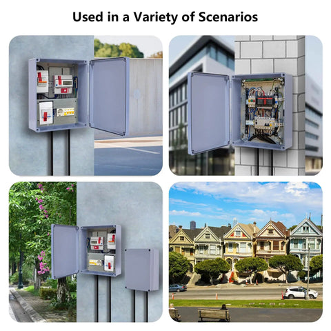 Outdoor Ready 12 By 10 By 4 Inches IP65 ABS Plastic Dustproof Waterproof Junction Box Enclosure shown in various settings