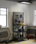 Rolling Metal Workbench On Wheels With Pegboard And 22 Hooks 3 Tier Tool Storage Heavy Duty Steel Tabletop For Garage Workshop Office Or Home Perfect For Busy Shops And Home Garages With Durable Steel Construction And Easy Glide Casters