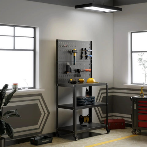 Rolling Metal Workbench On Wheels With Pegboard And 22 Hooks 3 Tier Tool Storage Heavy Duty Steel Tabletop For Garage Workshop Office Or Home Perfect For Busy Shops And Home Garages With Durable Steel Construction And Easy Glide Casters