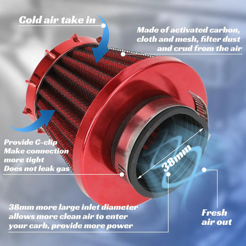 Red 38mm air filter from Predator 212 Stage 1 Carburetor Kit Replacement For 212cc 224cc 196cc Engines showing airflow direction and filter features.