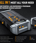 All In One 5000A Jump Starter With Air Compressor And 150 PSI Tire Inflator Portable 12V Jump Box with labeled features