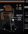 Diagram of Pro 22 Wood Pellet Grill and Smoker with 6 in 1 versatility, 572 sq in cooking space, 18 lb hopper, bronze finish.