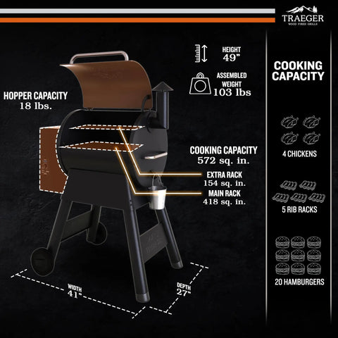 Diagram of Pro 22 Wood Pellet Grill and Smoker with 6 in 1 versatility, 572 sq in cooking space, 18 lb hopper, bronze finish.