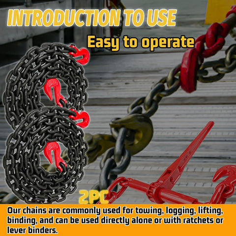 3/8 Inch Transport Binder Chain 10 Foot With G80 Grade Heavy Duty Towing Chain, G70 Clevis Grab Hooks, shown coiled and in use
