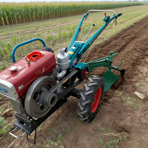 Compact Two Wheel Walk Behind Power Tiller For Gardening And Small Farms in use plowing soil