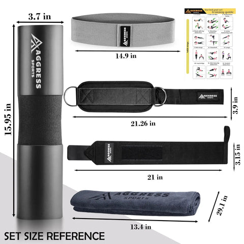 Set size reference for Hip Thrust Barbell Pad Set With Squat Pad, Two Ankle Straps, Hip Resistance Bands, Gym Carry Bag And Towel.