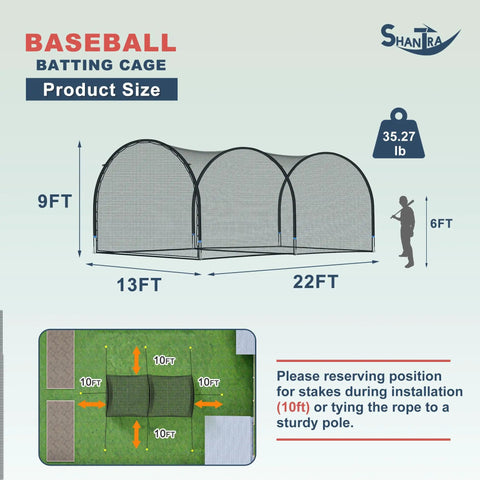 Diagram of Backyard Baseball and Softball Batting Cage With Frame and Net, 22 by 13 by 9 Feet, Durable Fiberglass Poles layout
