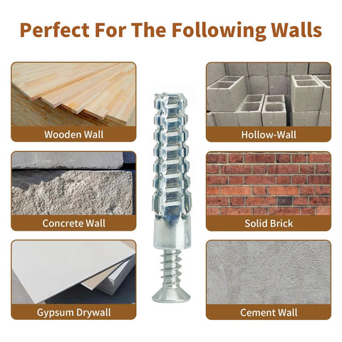 Heavy Duty Hollow Wall Anchors With Screws For Stripped Hole Fixes And Wobbly Hinge Fixes Tree Shape Zinc Coated Steel Drywall Plugs on various wall types.
