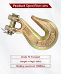 Clevis grab hook with pin, 3/8 inch, yellow zinc finish, forged steel for trailer transport