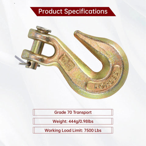 Clevis grab hook with pin, 3/8 inch, yellow zinc finish, forged steel for trailer transport