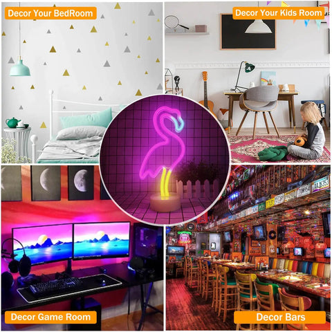 Pink Flamingo LED Neon Light Sign For Bedroom And Girls Room Decor USB Or Battery Powered Night Light On Stand in various room settings.