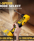 Brushless Right Angle Drill With Bright Led Work Light And Variable Speed Control Compatible With Dewalt 20v Max Batteries, showing 2-speed mode select and bit in wood.