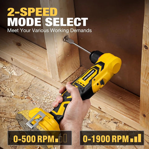 Brushless Right Angle Drill With Bright Led Work Light And Variable Speed Control Compatible With Dewalt 20v Max Batteries, showing 2-speed mode select and bit in wood.