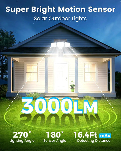 Super Bright Clip On Solar Outdoor Flood Light With Smart Motion Sensor And USB C Recharging on a home with bright illumination at night.