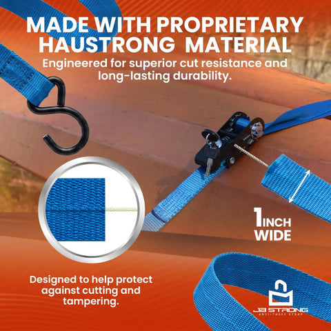 Lock It Down Pat With These Tangle Free Anti Theft Ratchet Straps 2 Pack Featuring Keyed Locks Cut Resistant Webbing and A Comfy Grip for Secure Heavy Duty Tie Downs That Keep Things Tight with durable blue Hausstrong material.