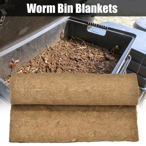 Thermal Worm Blanket For Composting Gardens And Bins in natural jute fiber, shown with open worm bin for effective moisture control.