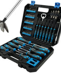 Cool 71pc Magnetic Screwdriver Set With Chrome Vanadium Steel Bits, Phillips And Torx Drivers Plus Flex Shaft Kit For Any Gadget Repair Job Or Craft Projects In Style. Open case with blue and black handles, bits, and flex shaft