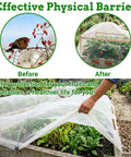 Garden netting 4x10 ft see-through pest barrier covering plants in raised bed, showing before and after protection from birds.