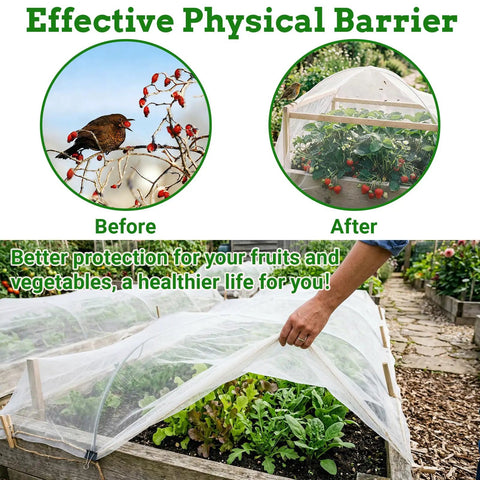 Garden netting 4x10 ft see-through pest barrier covering plants in raised bed, showing before and after protection from birds.