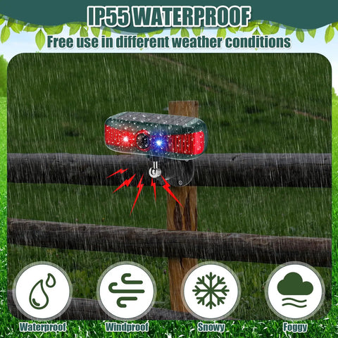 Solar Powered Outdoor Alarm Motion Sensor With 129dB Siren, Ultrasonic Detector And Strobe Light, 4 Modes For Critter Deterrent, Waterproof Security System For Home And Farm (Red) mounted on fence in rain