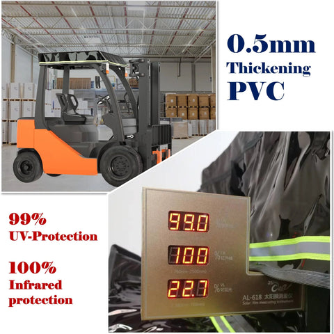 Front view of BENVOL forklift roof cover in black translucent PVC, 0.5mm thick, for 6000lb forklifts, UV and IR protection