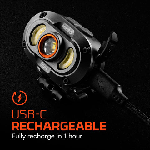 Close-up of Mycro 900 Lumen Headlamp With Turbo Mode Seven Light Modes showing USB-C charging port and design details.