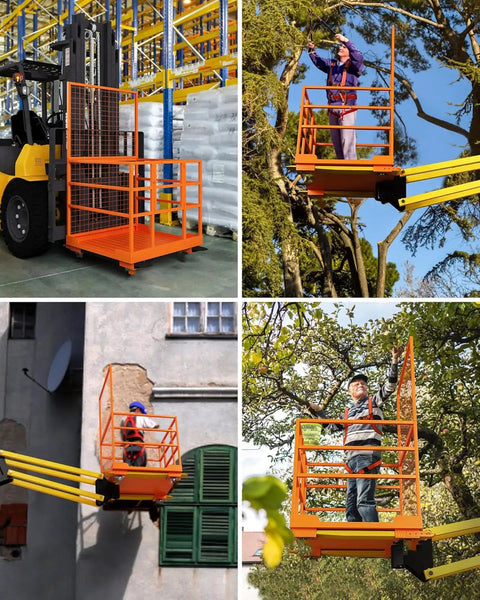 Badass Rated Forklift Safety Cage And Heavy Duty Man Basket For Front End Loaders in use for tree trimming and building maintenance.