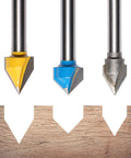 Drop Dead Durable Tungsten Carbide V Groove Router Bit Set For CNC Woodworking with three v-shaped cutters and wood detail.
