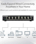 Front view of 8 Port Gigabit Ethernet Unmanaged Essentials Switch GS308 with router, game console, computer, TV, printer connectivity.