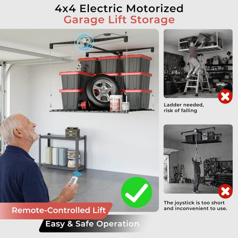 Game Changing Motorized Garage Ceiling Storage Rack With Remote Control 4 By 4 Ft Overhead Lift System Offering Hella Durable Space Saving Hanging Shelves No Sweat Setup For Up To 250 Lbs Capacity Equipment