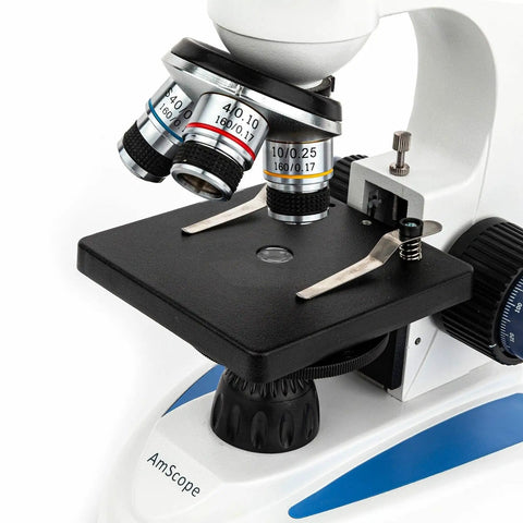 Close-up of 360 Degree Rotating Monocular Microscope With 40X-1000X Magnification, LED Illumination, And USB 2.0 Digital Camera stage and lenses.