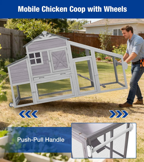 Man moving a mobile chicken coop with wheels and handle, featuring a wooden duplex design, for 2-4 chickens.