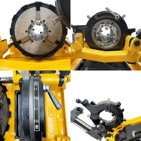 Heavy Duty Electric Pipe Threader Machine With Npt And Bspt Dies For Half To Four Inch Pipe 750 Watt 220v Motor close-up of die head showing adjustable settings.
