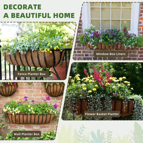 36 Inch Trough Coco Liners 3 Pack Natural Coconut Coir Fiber installed in window box and wall planter baskets with flowers
