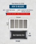 Measurement guide for Beefy Steel Return Air Grille For 24x14 Duct Opening, White Vent Cover dimensions with duct size.