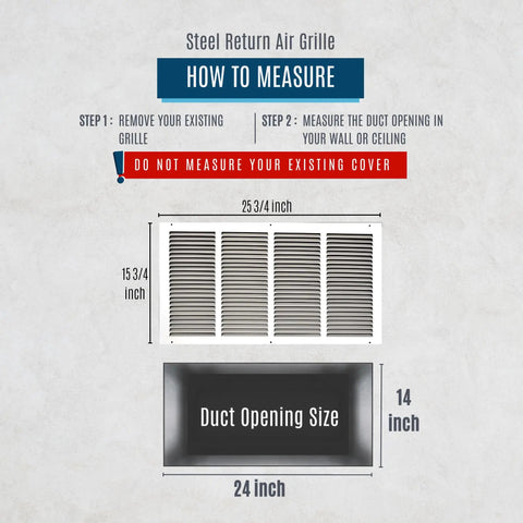 Measurement guide for Beefy Steel Return Air Grille For 24x14 Duct Opening, White Vent Cover dimensions with duct size.