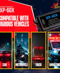 60X Plus Universal Brake Flasher for stop bulbs and tail lights, shown with compatible vehicles like car, motorcycle, truck, and ambulance.
