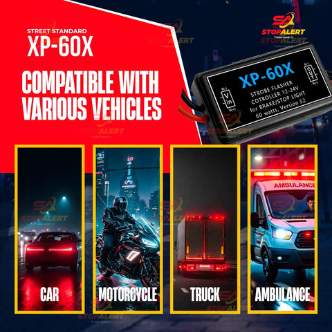 60X Plus Universal Brake Flasher for stop bulbs and tail lights, shown with compatible vehicles like car, motorcycle, truck, and ambulance.