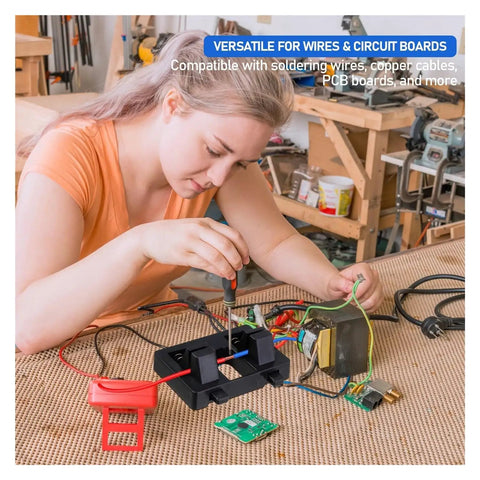 Heavy Duty Adjustable Magnetic Soldering Clamp Fixture With Powerful Suction Base, Perfect Wire Locator Holder For Electronics Repair And Motherboard Work Bench Setup in use with wires and circuit boards.