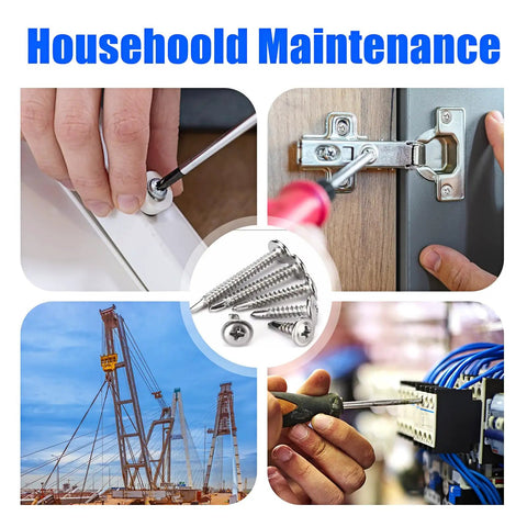 No Nonsense Heavy Duty 450 Piece Stainless Steel Self Drilling Screws Assortment Kit For Sheet Metal And Light Gauge Steel Truss Head Roofing Fasteners In Silver with various applications shown.