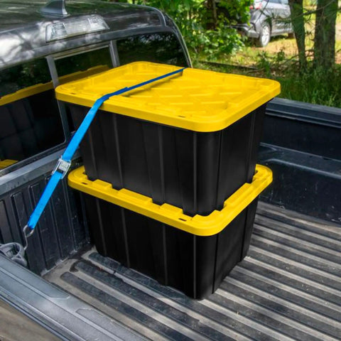 Black truck bed with secured 4 Pack 27 Gallon Heavy Duty Industrial Storage Tote With Lids, Stackable Plastic Bins In Black And Yellow.