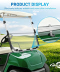 Heavy Duty Golf Cart Front Roof Top Support Repair Kit Locks Down Loose Panels Tight With Stainless Screws Nuts And Washers, shown on a green golf cart.