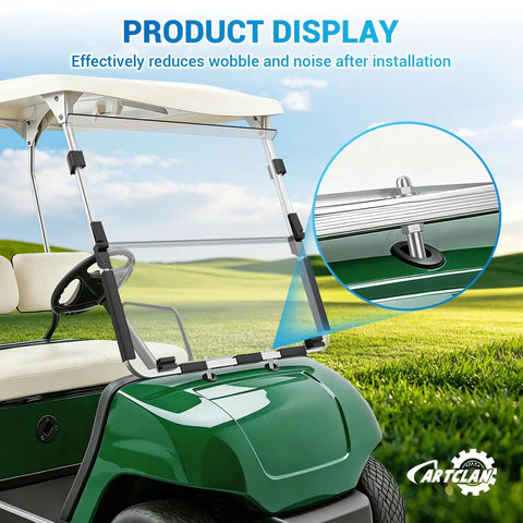 Heavy Duty Golf Cart Front Roof Top Support Repair Kit Locks Down Loose Panels Tight With Stainless Screws Nuts And Washers, shown on a green golf cart.