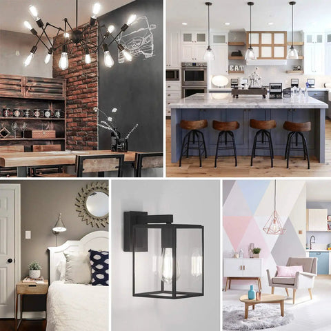 LED Dimmable Edison Light Bulbs 100W Equivalent in various home settings, showcasing E26 Base and vintage design, 4 Pack