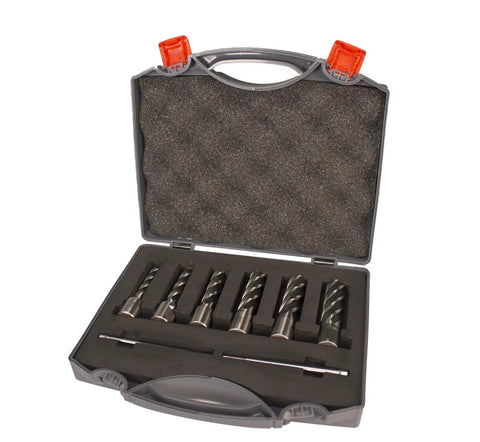 Seven piece annular cutter kit in a case for Heavy Duty Magnetic Drill Press With 2.27 Horsepower Variable Speed Motor.